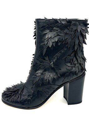 CHANEL 18C Leather Fringe Leaf Detail Ankle Boots Bootie Heels Shoes